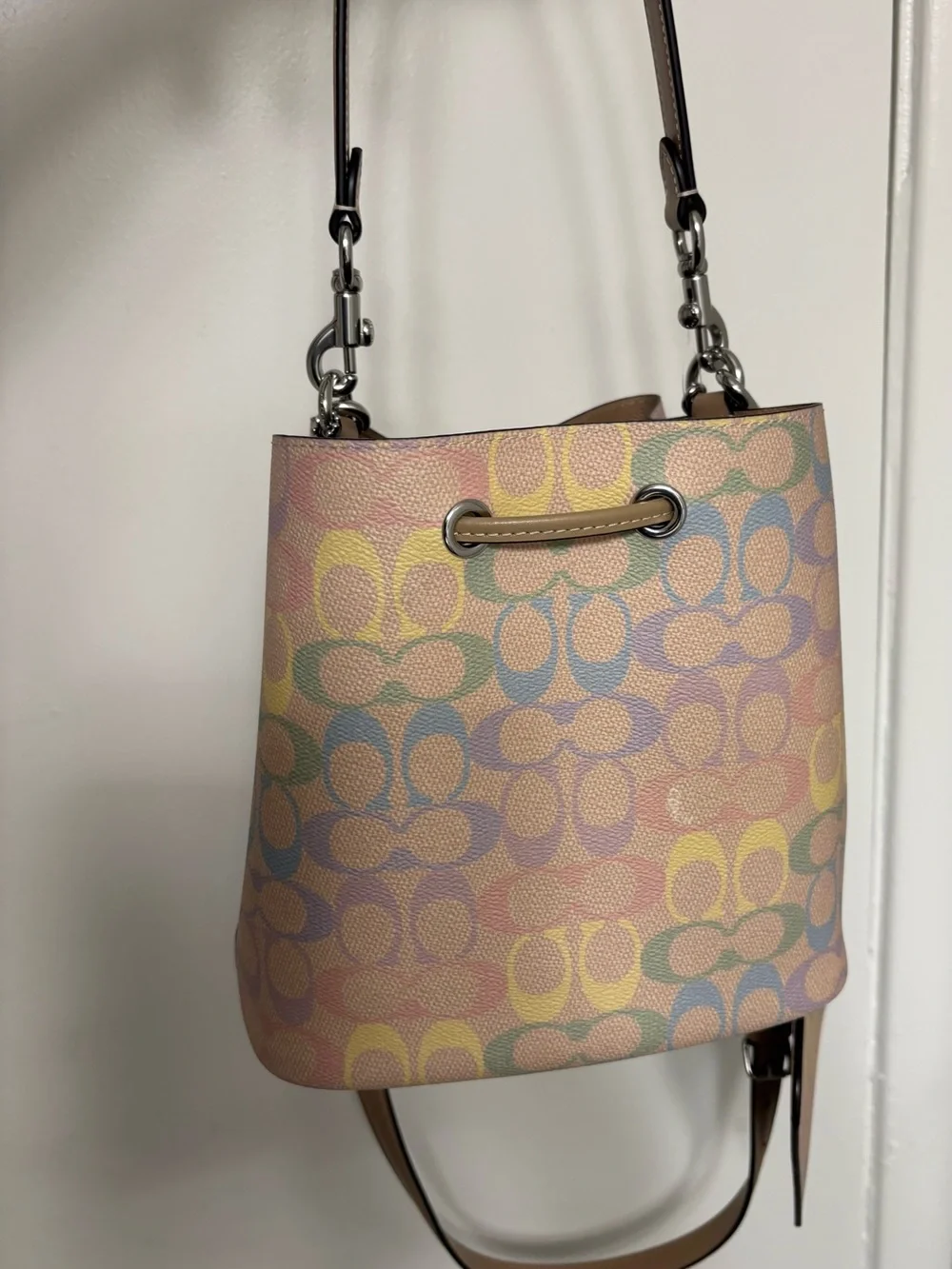 Coach Multicolor rainbow Pastel Signature Drawstring Bucket Bag with Tan Trim